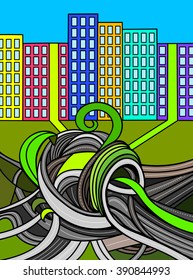 Modern business eco friendly city. Environmental concept vector illustration. Day urban scene.
