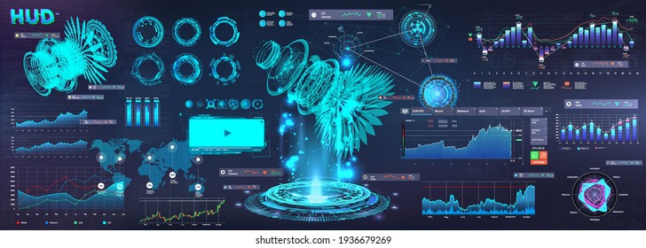 Modern Business Elements UI, UX in HUD style. Futuristic User Interface GUI 3D objects, infographics, circle, graphic data and chart. Virtual touch graphic interface HUD. Vector interface set for Web