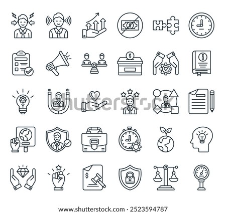modern business ethics icon pack. perfect for linear ui designs featuring vector gauge, justice scale, protection, penalty, motivation and more icons.