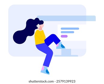 Modern Business Flat Illustration for Contact Support. A girl support executive with mobile phone and computer screen in bold colors.