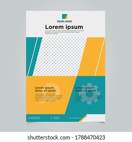 Modern business flyer design, brand presentation, cover size A4 template, geometric shapes on blue and yellow colors, Vector illustration