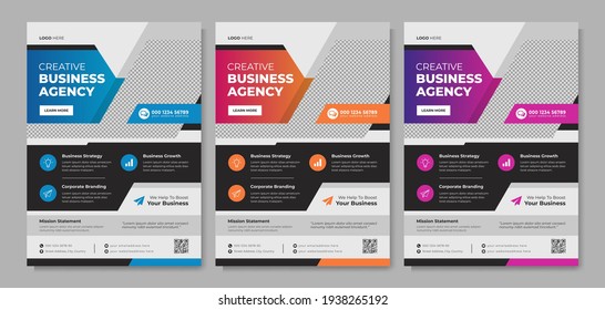 Modern business flyer template design for company service promotion. Creative corporate poster layout with agency logo and icon. Official web banner for online digital marketing and advertisement.