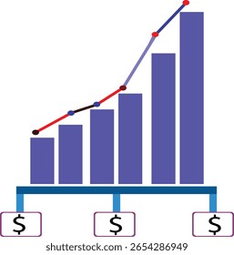 Icono de gráfico de negocios moderno con barras y línea de tendencia ascendente que incluye signos de dólar. Más adecuado para finanzas, informes, paneles y análisis.