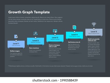 Modern business growth graph template with five successive steps - dark version. Easy to use for your website or presentation.