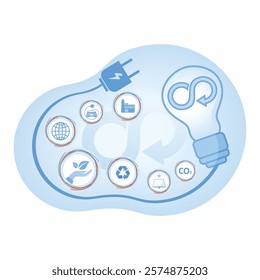 Modern business growth with renewable energy. Environmental responsibility, innovation, and renewable solutions for a better future. Circular Economy concept. Flat vector illustration.