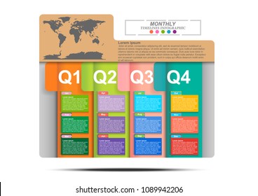 Modern business horizontal timeline process chart infographics template. Vector for presentation and workflow layout diagram, web design. Abstract elements of graphic monthly and weekly plan.