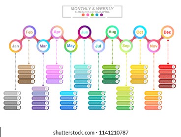 Plantilla de infografías de gráficos de procesos de línea de tiempo Horizontal de negocios modernos para el diagrama de presentación y diseño de flujo de trabajo, Diseño web. Elementos Abstractas de Plan gráfico mensual y semanal. Vector EPS10