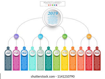 Modern business horizontal timeline process chart infographics template for presentation and workflow layout diagram, web design. Abstract elements of graphic monthly and weekly plan. Vector EPS10