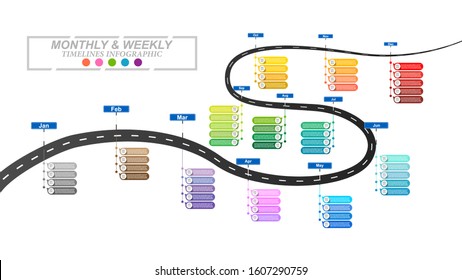Modern business horizontal timeline process chart infographics template. Vector banner used for presentation and workflow layout diagram, web design. Abstract elements of graphic monthly and weekly pl