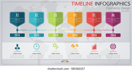 Modern business horizontal timeline process chart infographics template. Vector banner used for presentation and workflow layout diagram, web design. Abstract elements of graph 6 steps options.