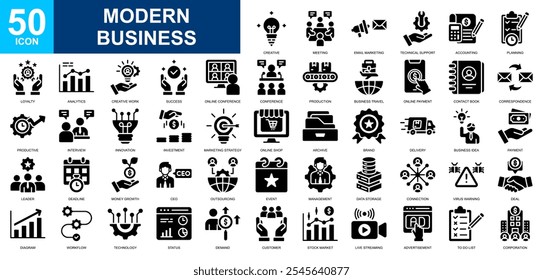 Modern Business icon collection set. Business management, digital transformation, digital business, creativity. Simple glyph vector.