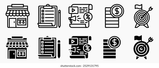 Ein modernes Business-Icon-Set mit Themen wie Finanzen, Aufgaben, Promotion, Ziele und Shop. Ideal für Präsentationen, Apps und Websites. Erhältlich im EPS-Format.