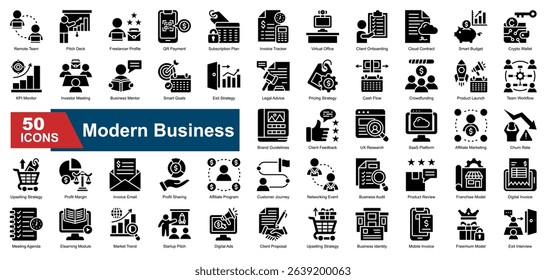 Modern Business icon set featuring essential business concepts and strategy. Containing remote teams, pitch decks, invoicing, marketing plans, client onboarding, SaaS platforms, digital payments, and 