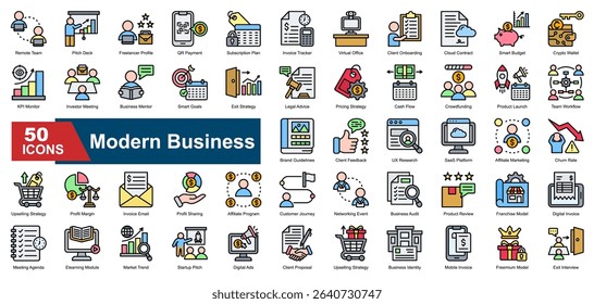 Modern Business icon set featuring essential business concepts and strategy. Containing remote teams, pitch decks, invoicing, marketing plans, client onboarding, SaaS platforms, digital payments.