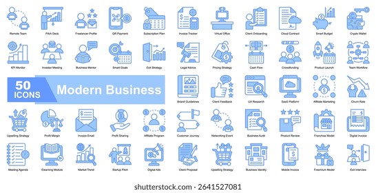 Modern Business icon set featuring essential business concepts and strategy. Containing remote teams, pitch decks, invoicing, marketing plans, client onboarding, SaaS platforms, digital payments.