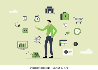 Modern business icons collection. Business to business concepts, case studies, new startups and SEO processes. Arrangement with green linear icons for successful office work and advertising.