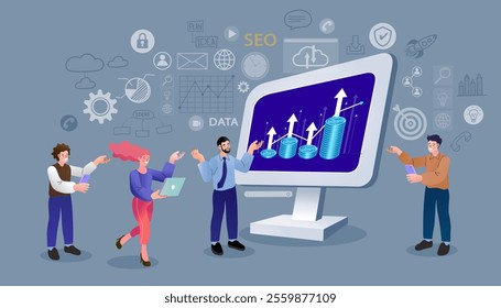 Modern business illustration featuring a user with a laptop and smartphone, surrounded by productivity icons such as graphs, targets, data points, and notebooks. technology working concept. Vector