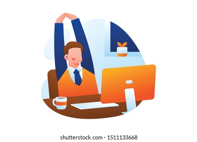 Modern Business Illustration Vector With Businessman Sitting And Stretching In Front Of Computer Desktop With A Cup Of Coffee On Top Of Table As Background Element