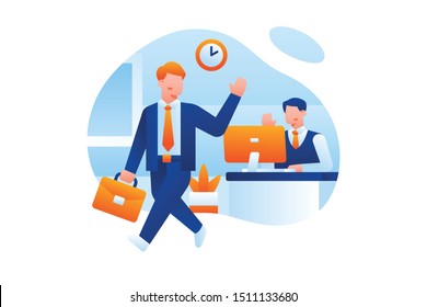 Modern Business Illustration Vector With Businessman Walks Leaving The Office Holding Briefcase And Say Goodbye To His Friend To Go Home Early Because His Job Is Done And Finished