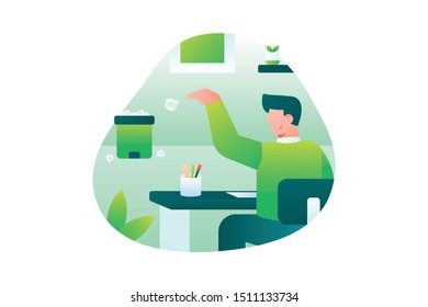 Modern Business Illustration Vector With Businessman Throwing A Paper Into The Trash Can From His Desk At Office