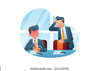 Modern Business Illustration Vector With Businessman Come Late To The Office For Meeting And Scolded By His Fierce And Angry Boss With Red Face Pointing To Watch On His Hand