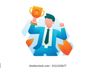 Modern Business Illustration Vector With Happy Businessman Holding Gold Star Trophy Celebrate The Victory And Success As The Best Employee In Company With Plant Background