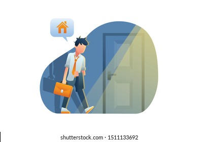 Modern Business Illustration Vector With Tired Businessman Walks Holding Briefcase Come Home Late Night From Office To Home