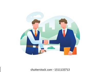 Modern Business Illustration Vector With Two Businessman Shake Hand And Deal With Agreements Or Cooperation With Building Office Background