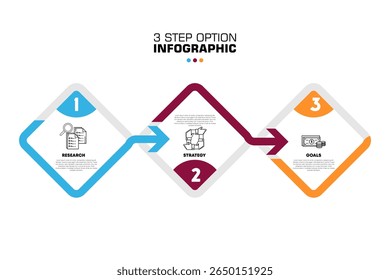 Modern business infographic 3 step design template with arrow, number, and icon elements for web banner or presentation