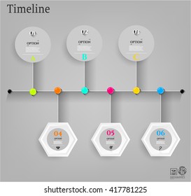 Modern, business infographic, background with time line, colorful buttons, text and simple gray icons