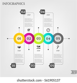 Modern, business infographic, background with time line, colorful labels, text and simple icons isolated on bright background