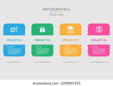 Modern Business Infographic beautiful bright multicolored squares There is a button with a letter in the middle of the icon above and the letter below a clean gray background.
