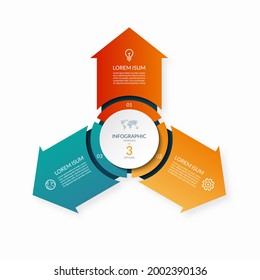 Modern business infographic circle with 3 arrows pointing from the center . 3-step vector template for business infographics.