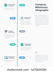 Infografía empresarial moderna para la plantilla de línea de tiempo de hitos de la empresa con iconos planos. Fácil de usar para su sitio web o presentación.