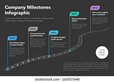 Modern business infographic for curved road map timeline template with pointers - dark version. Easy to use for your website or presentation.	