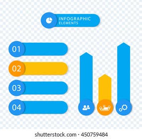 Modern Business infographic elements, step labels, 1 2 3 4, charts, blue, orange
