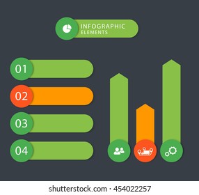 Modern Business infographic elements, step labels, 1 2 3 4, charts, green, orange, dark gray
