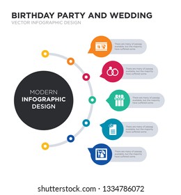modern business infographic illustration design contains wedding photo, wedding planner, wedding present, rings, video simple vector icons. set of 5 isolated filled icons. editable sign and symbols
