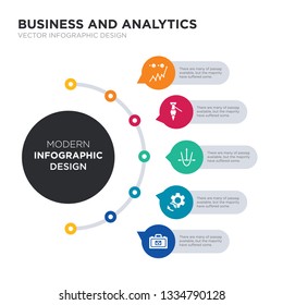 modern business infographic illustration design contains suitcase, synchronization, tangent, tie, user stats simple vector icons. set of 5 isolated filled icons. editable sign and symbols