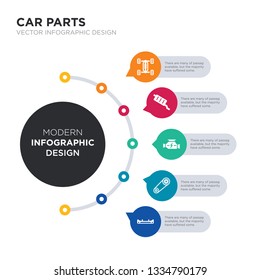 modern business infographic illustration design contains car bumper, car camshaft, car carburettor, catalytic converter, chassis simple vector icons. set of 5 isolated filled icons. editable sign