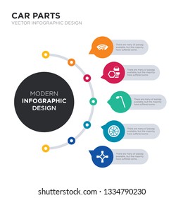 modern business infographic illustration design contains car universal joint, car wheel, car wheel brace, wheel nut, windscreen simple vector icons. set of 5 isolated filled icons. editable sign and
