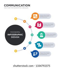 modern business infographic illustration design contains contact, contacts, customer service, diskette, email simple vector icons. set of 5 isolated filled icons. editable sign and symbols