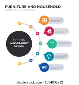 Modern Business Infographic Illustration Design Contains Linens, Silverware, Lamps, Sump Pump, Heating Unit Simple Vector Icons. Set Of 5 Isolated Filled Icons. Editable Sign And Symbols