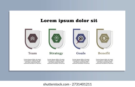Moderne Business-Infografik-Präsentation mit vier Symbolen für Team, Strategie, Ziele und Nutzen mit sauberem Layout und neutralen Farben, geeignet für Unternehmensberichte, Marketingpläne und professionelle Geschäftsfolien