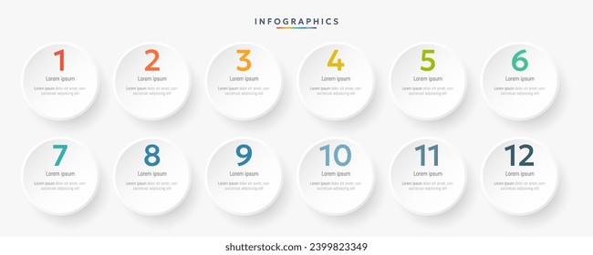 Modern business infographic template with 12 options or steps icons.