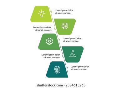 Modelo de Infográfico de Negócios Moderno - Cronograma de processo de 5 etapas com elementos vetoriais limpos para visualização de estratégia e fluxo de viagem.