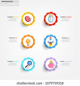 Modern business infographic template, backdrop with modern graph, six steps, simple colorful icons, isolated on bright background, for infographics, presentations, documents