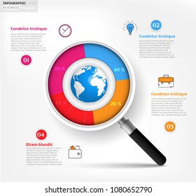 Modern business infographic template, backdrop with modern graph, four steps, simple line icons, blue globe, isolated on bright background, for infographics, presentations, documents