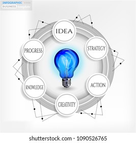 Modern business infographic template, backdrop with modern graph with text, six steps, blue light bulb, isolated on bright background, for infographics, presentations, documents