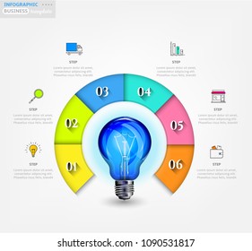 Modern business infographic template, backdrop with modern graph, six steps, simple line icons, blue light bulb, isolated on bright background, for infographics, presentations, documents